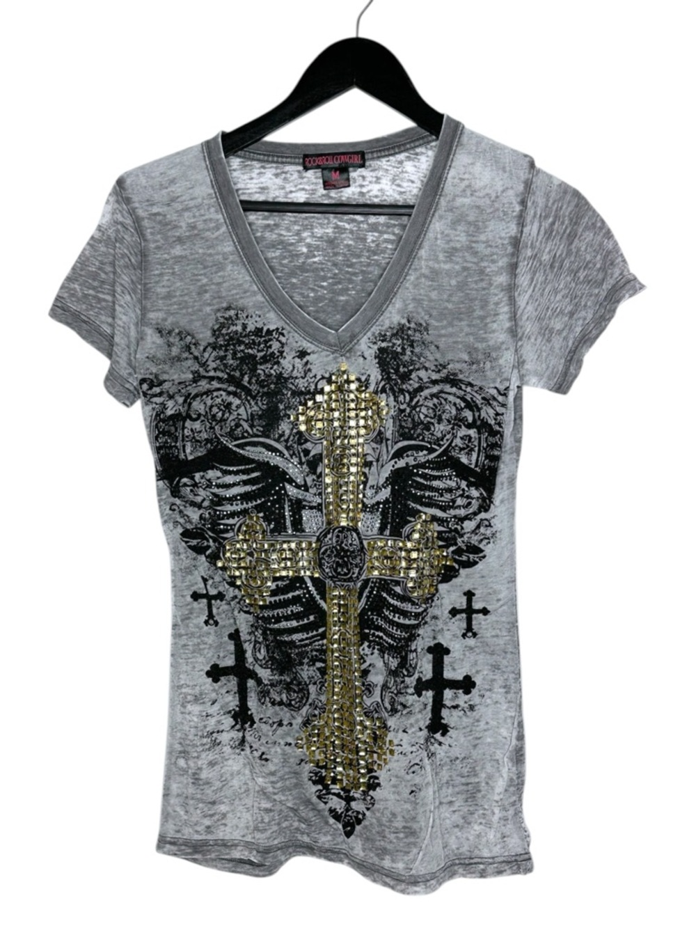Rock & Roll Cowgirl Y2K Studded Cross Graphic Tee Baddie Grunge Western Medium